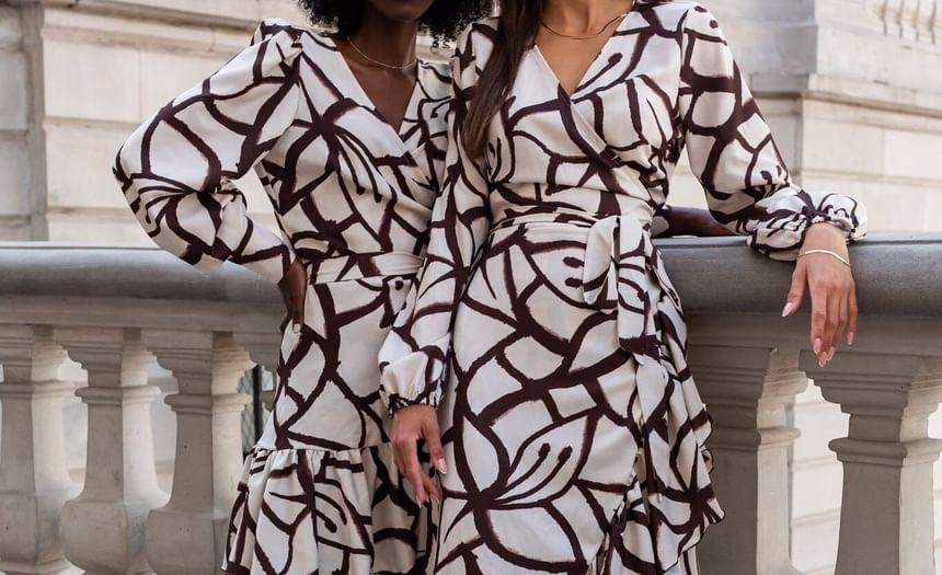 Long-Sleeve V-Neck Asymmetrical Ruffle Trim Tie Waist A-Line Wrap Dress Product Image