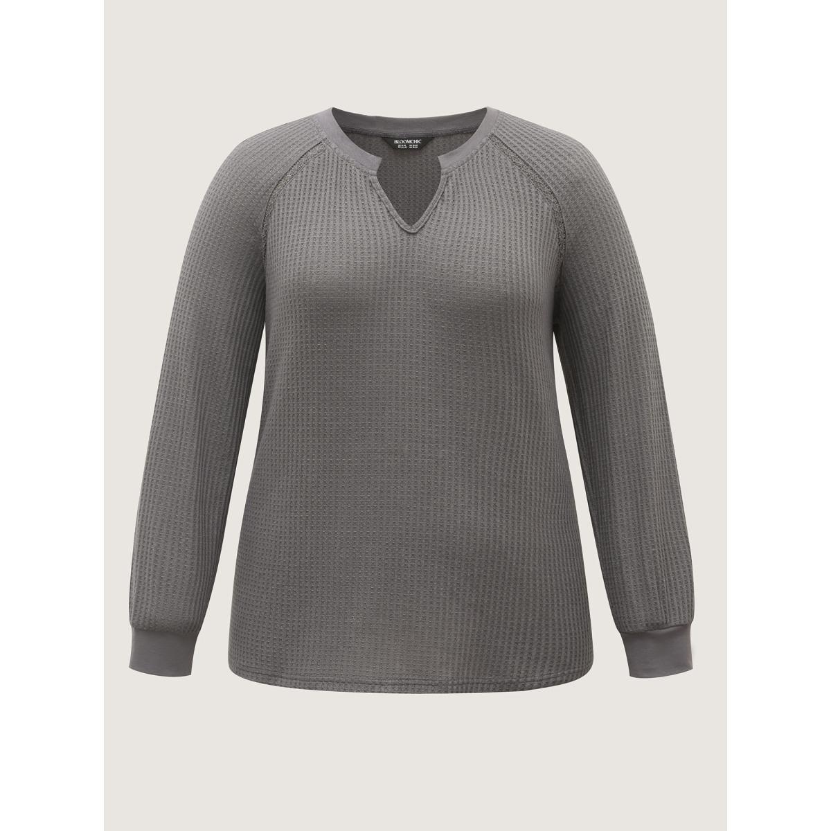Plus Size Waffle Grid Notched Collar Lace Sweatshirt Women DimGray Woven ribbon&lace trim Flat collar with V-notch Everyday-Casual Sweatshirts BloomChic 14-16/1X Product Image
