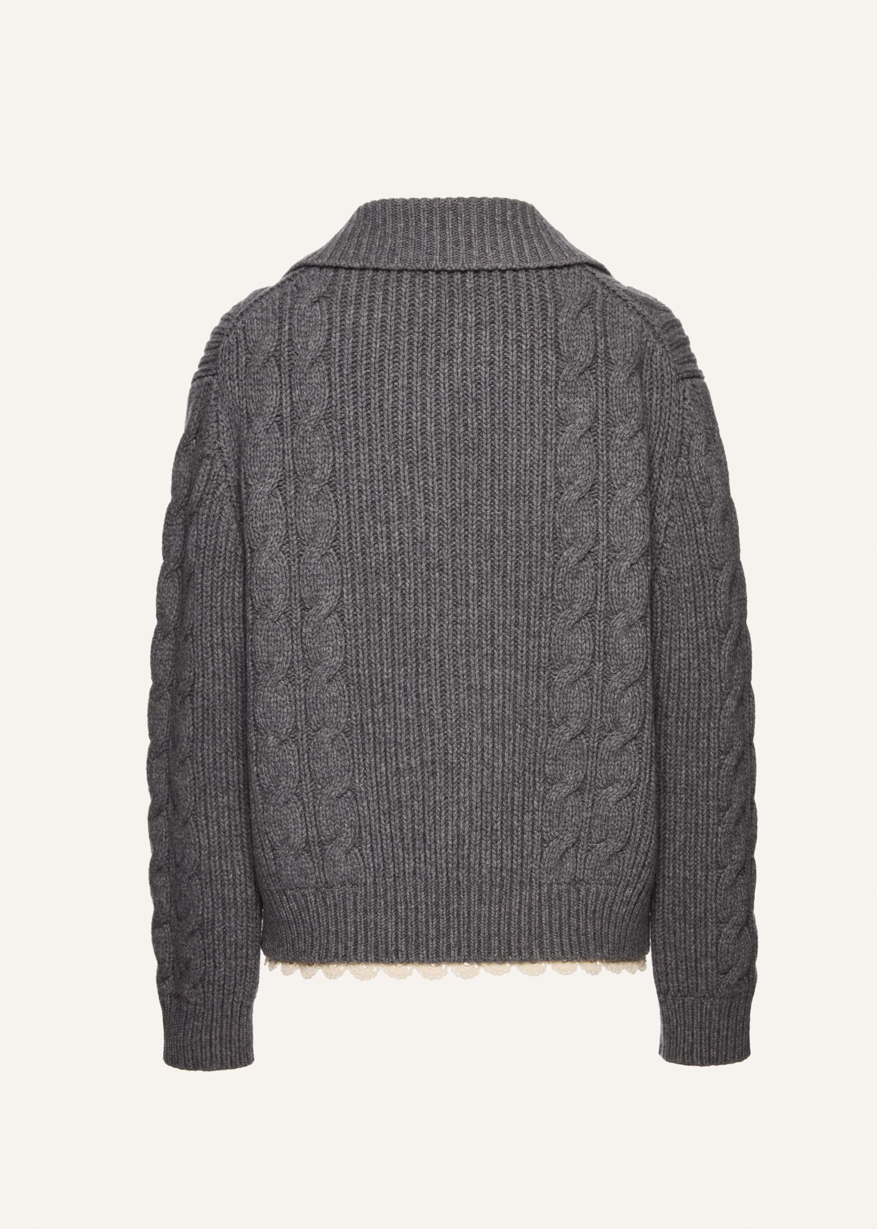 Lace-detail cable knit cardigan jacket in grey Product Image