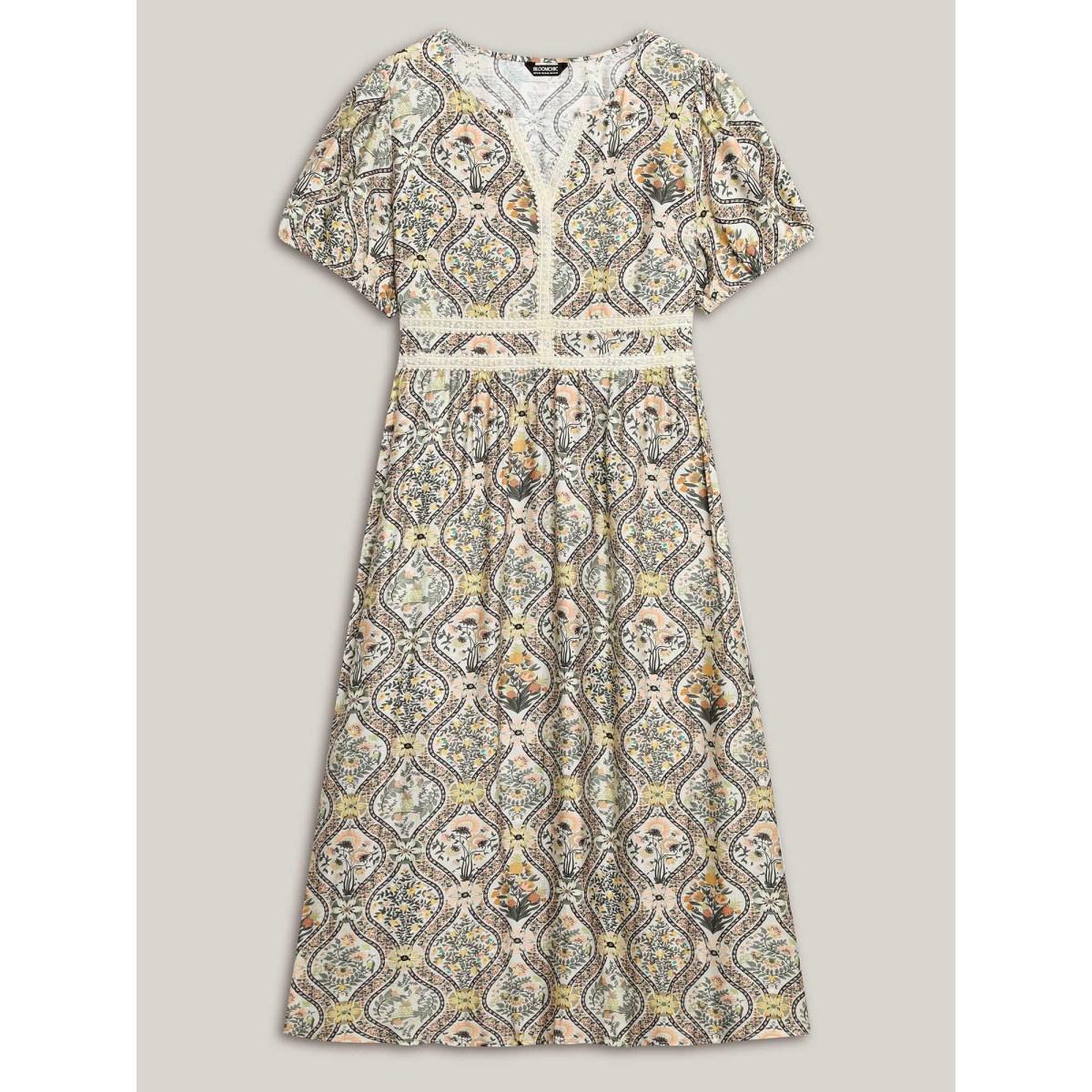 Plus Size Ornate Print Lace Neck Midi Dress Greenbean Women Notched collar Short sleeve Curvy BloomChic 26/4X Product Image