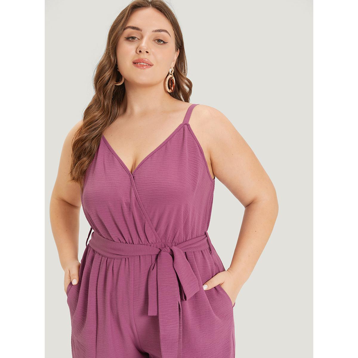 Plus Size RedViolet Plain Split Front Pocket Surplice Neck Belted Jumpsuit Women Elegant Sleeveless V-neck Dailywear Loose Jumpsuits BloomChic 10/M Product Image