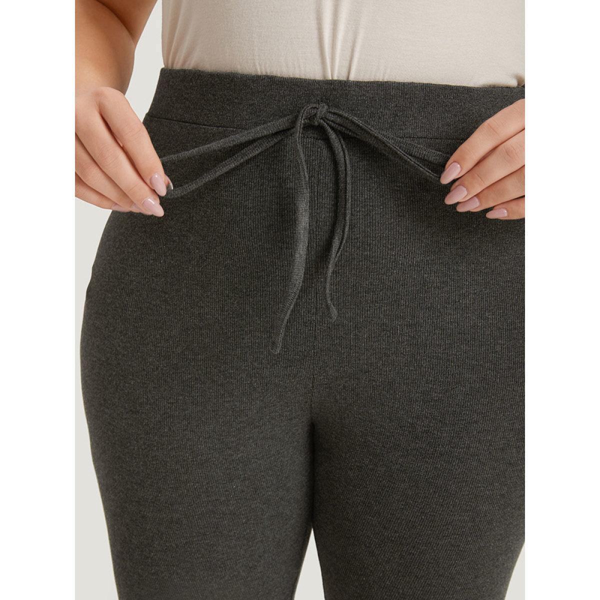 Plus Size Plain Ties Elastic Waist Skinny Leggings Women DimGray Casual High stretch Skinny High Rise Dailywear Leggings BloomChic 22-24/3X Product Image