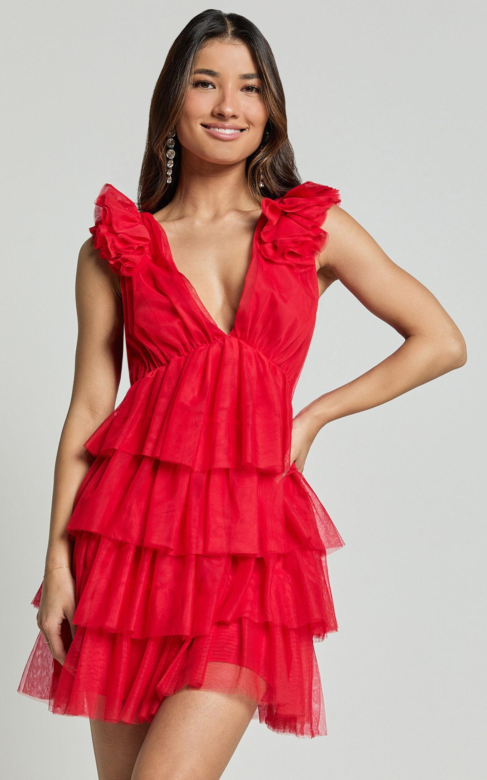 Hayden Mini Dress - Low Back Tulle Tiered Dress in Red Product Image