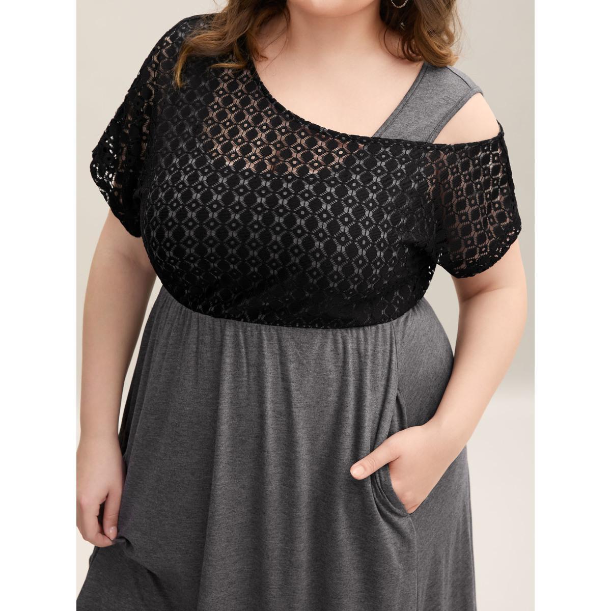 Plus Size Plain Weave One-Shoulder Knit Midi Dress DarkGray Women Casual Texture Asymmetrical Neck Short sleeve Curvy BloomChic 12/L Product Image