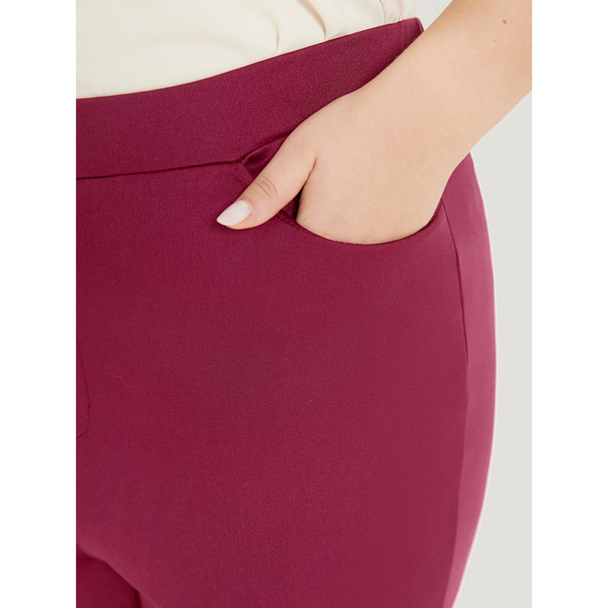 Plus Size Plain Slant Pocket Elastic Waist High Rise Bootcut Pants Women Burgundy Office Bodycon High Rise Work Pants BloomChic 10/M Product Image