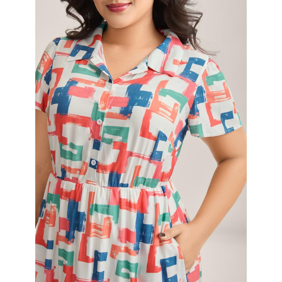 Plus Size Color Puzzle Rayon Collar Midi Dress Multicolor Women Shirt collar Cap Sleeve Curvy BloomChic 12/L Product Image
