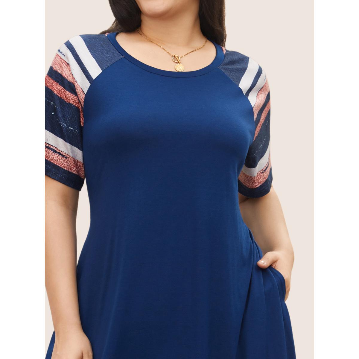 Plus Size Contrast Striped Pocket Raglan Sleeve Dress DarkBlue Women Casual Non Round Neck Short sleeve Curvy Midi Dress BloomChic 18-20/2X Product Image
