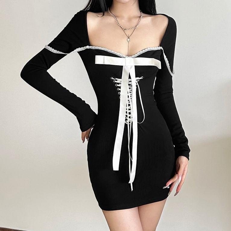 Long-Sleeve Square Neck Ribbon Front Mini Bodycon Dress Product Image