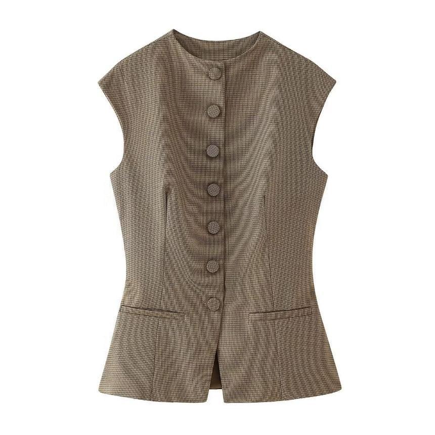 Crewneck Plaid Button-Up Vest Product Image