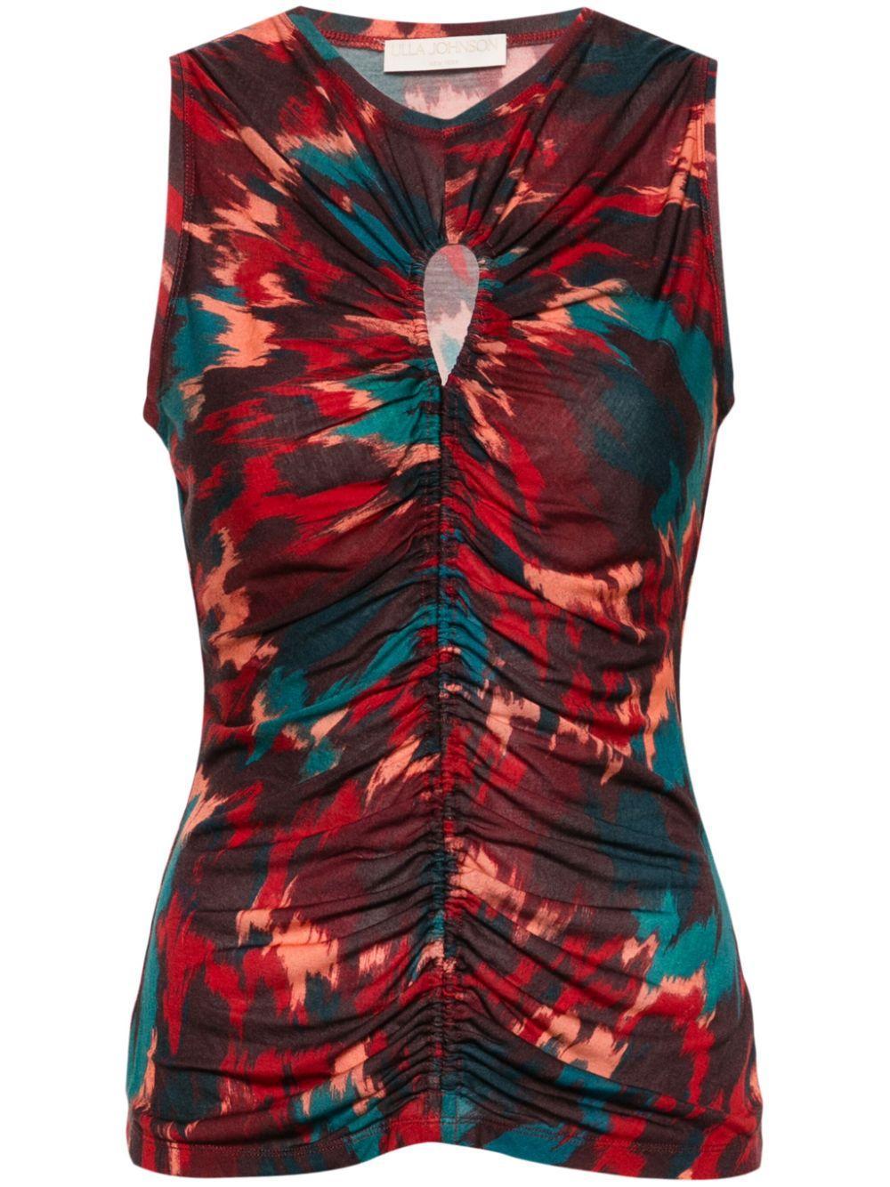 ULLA JOHNSON Gabi Cutout Ruched Printed Lyocell-jersey Top In Orange Product Image