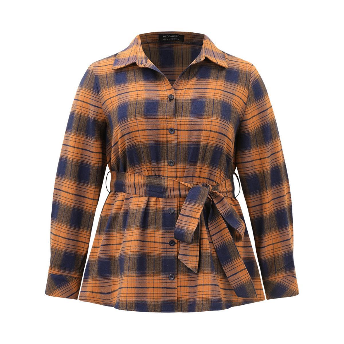 Plus Size Chocolate Plaid Elastic Waist Shirt Collar Blouse Women Elegant Long Sleeve Shirt collar Dailywear Blouses BloomChic 28/5X Product Image