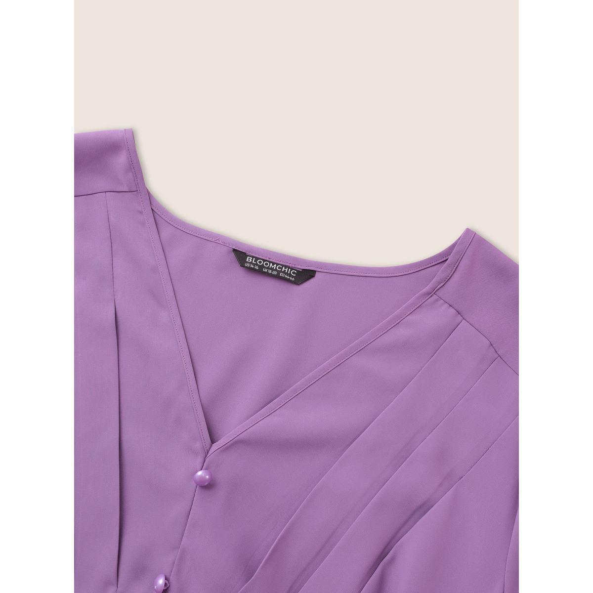 Plus Size Solid Patchwork Pleated Button Detail Dress Mauve Women At the Office Non V-neck Elbow-length sleeve Curvy Midi Dress BloomChic 22-24/3X Product Image