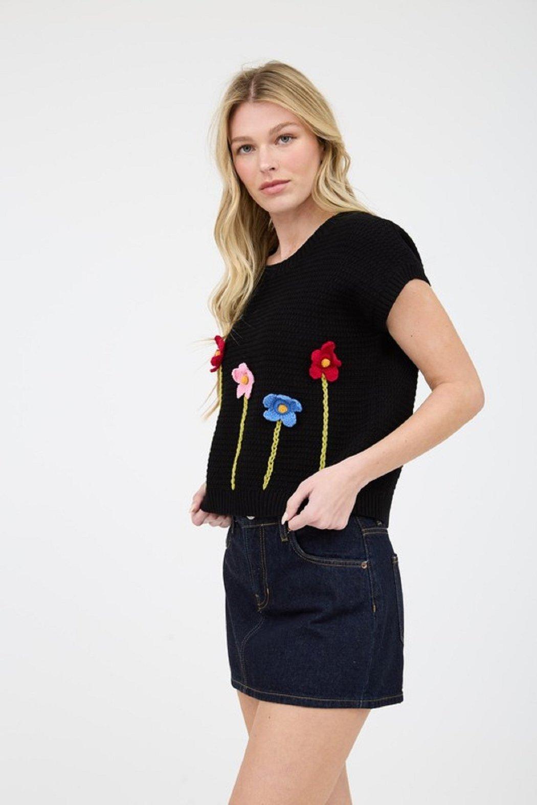 Crochet Floral Short Sleeve Sweater Top Product Image