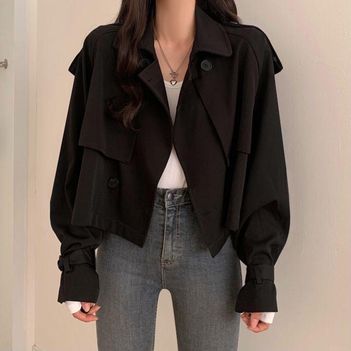 Collared Plain Double-Breasted Crop Trench Jacket Product Image