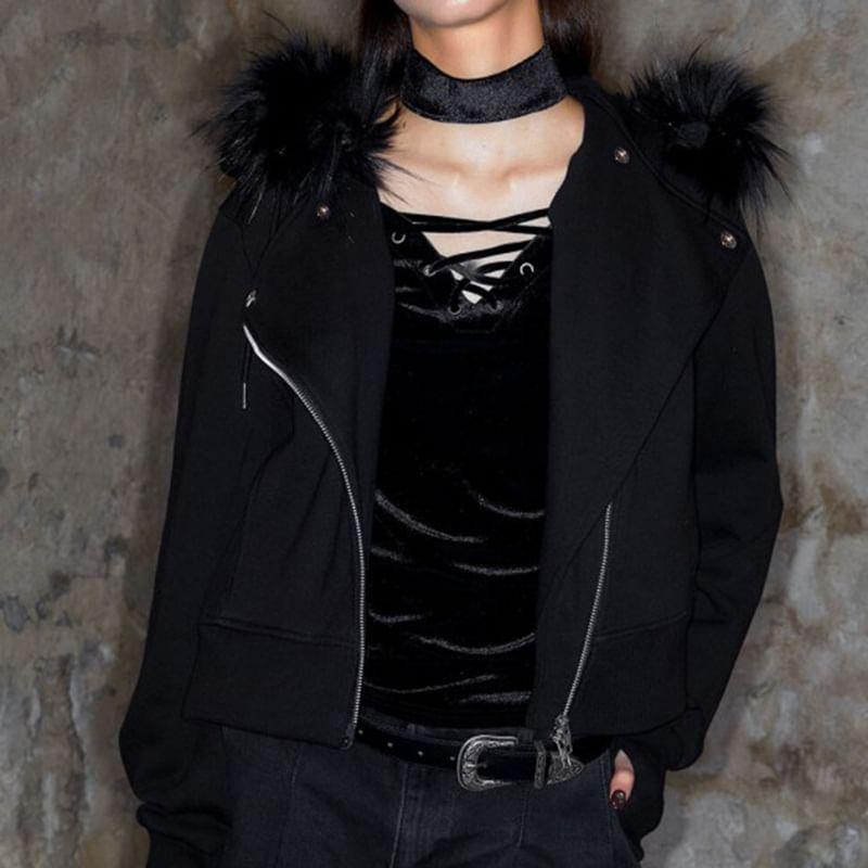 Long Sleeve Plain Furry-Trim Zip-Up Jacket Product Image