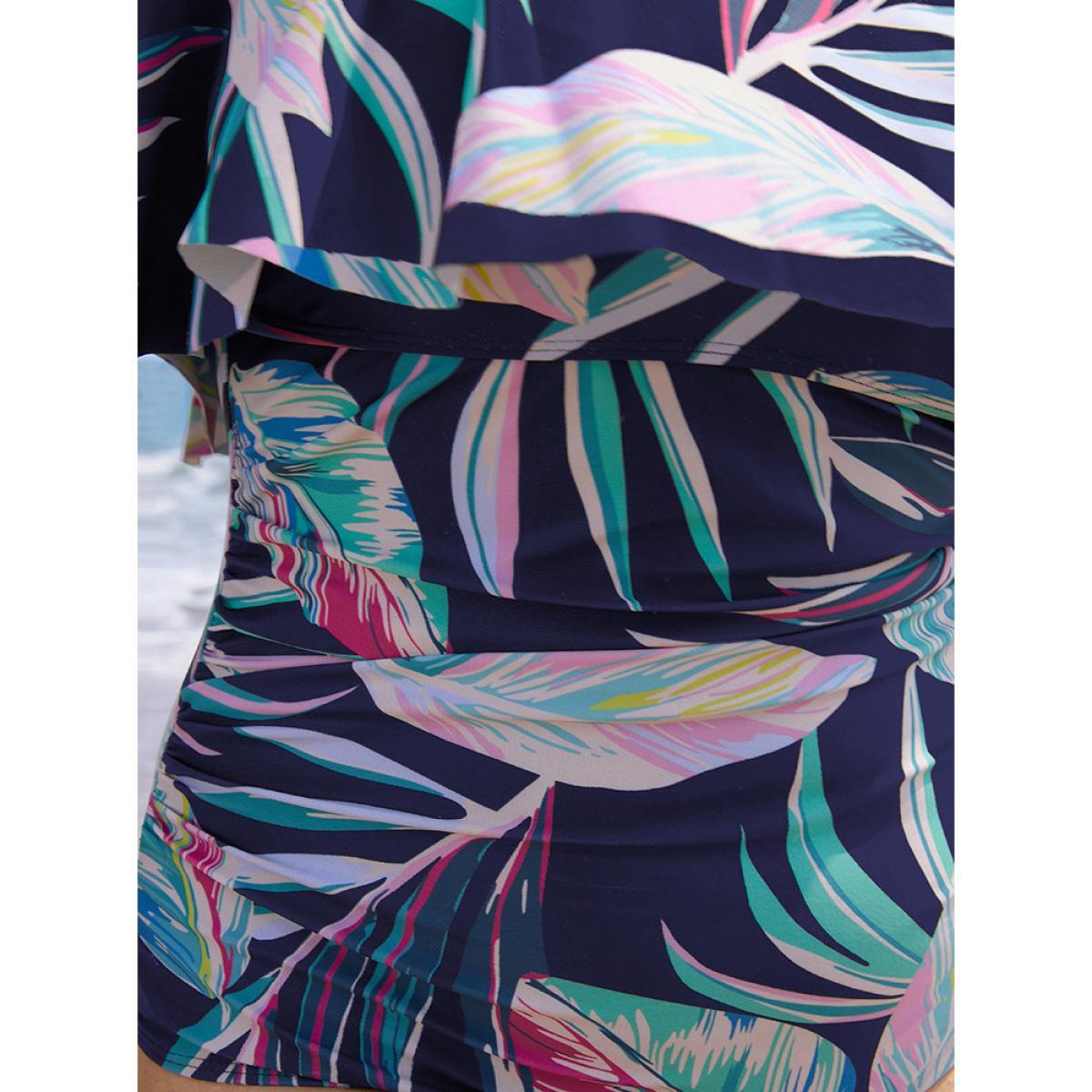 Plus Size Plant Print Cold Shoulder Ruffle Trim One Piece Swimsuit Women's Swimwear DarkBlue Vacation Adjustable Straps Curve Bathing Suits High stretch One Pieces BloomChic 30/6X Product Image