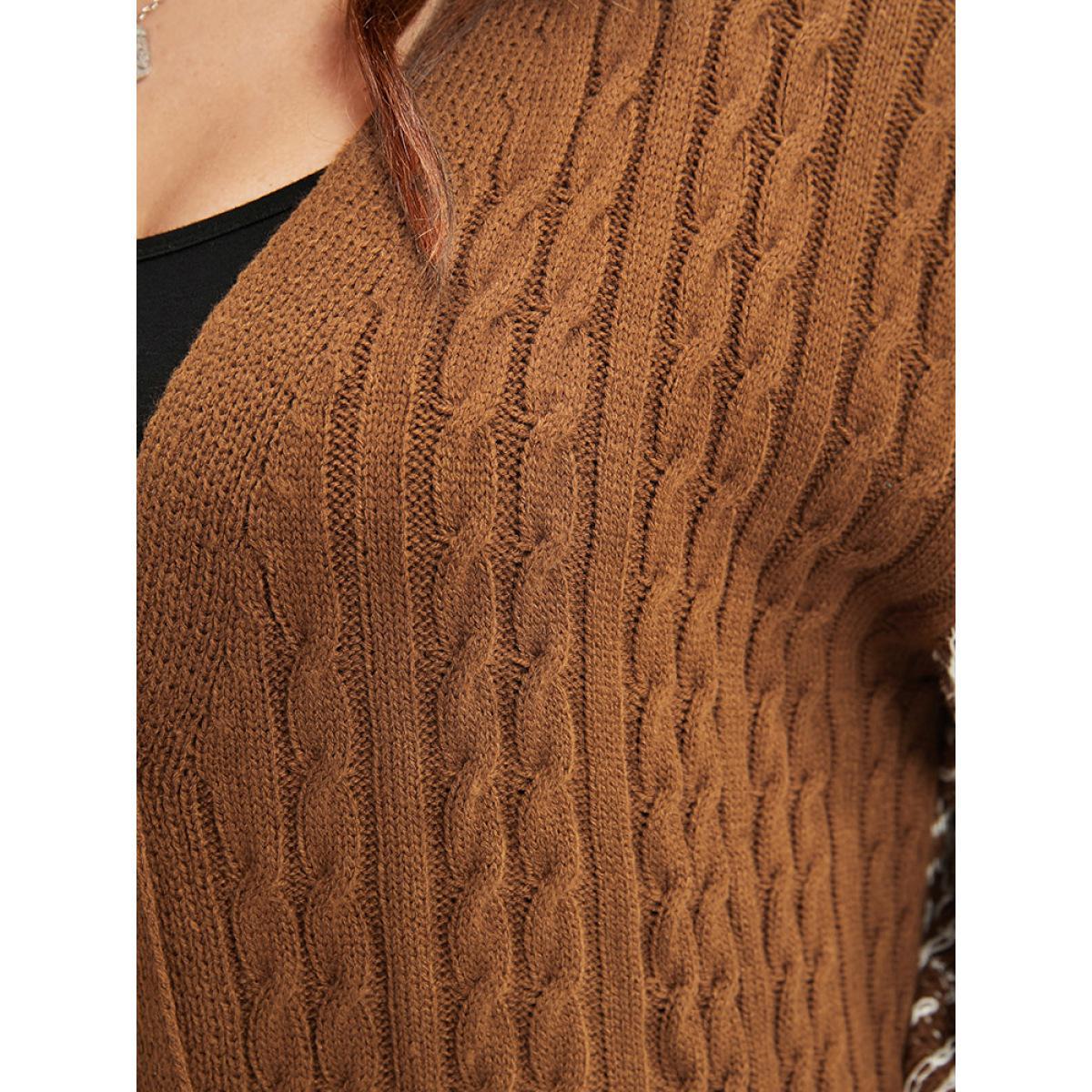 Plus Size Gingham Contrast Soft Sexy Yarn Knit Cable Knit Button Front Cardigan Bronze Women Casual Loose Long Sleeve Dailywear Cardigans BloomChic 18-20/2X Product Image