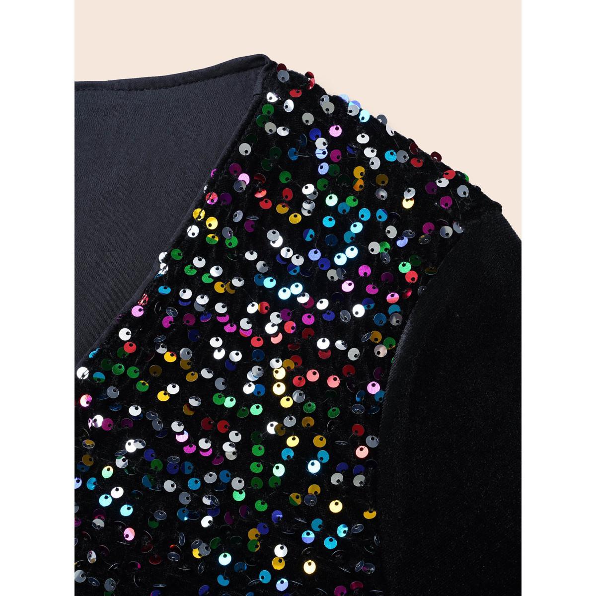 Plus Size V Neck Sequin Patchwork Dress Black Women Cocktail Texture Party Curvy Bloomchic 18-20/2X Product Image