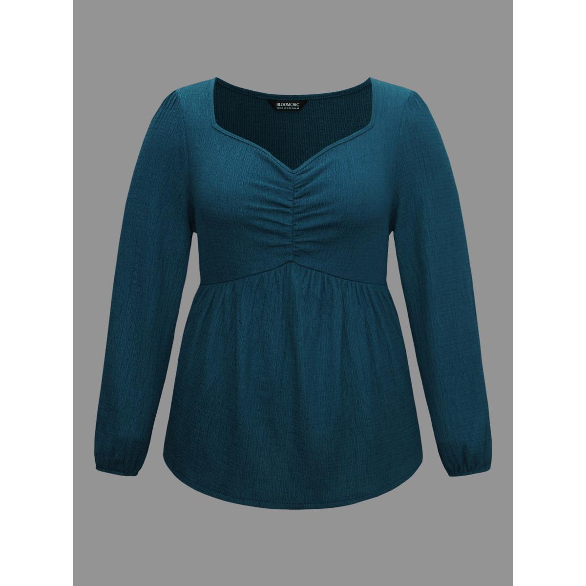 Plus Size Aegean Heart Neckline Solid Gathered Blouse Women Elegant Long Sleeve Heart neckline Everyday Blouses BloomChic 10/M Product Image