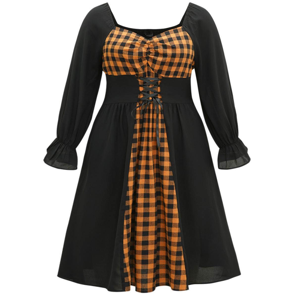 Plus Size Halloween Gingham Patchwork Ruched Ties Dress Black Women Casual Cross straps Square Neck Long Sleeve Curvy Midi Dress BloomChic 30/6X Product Image