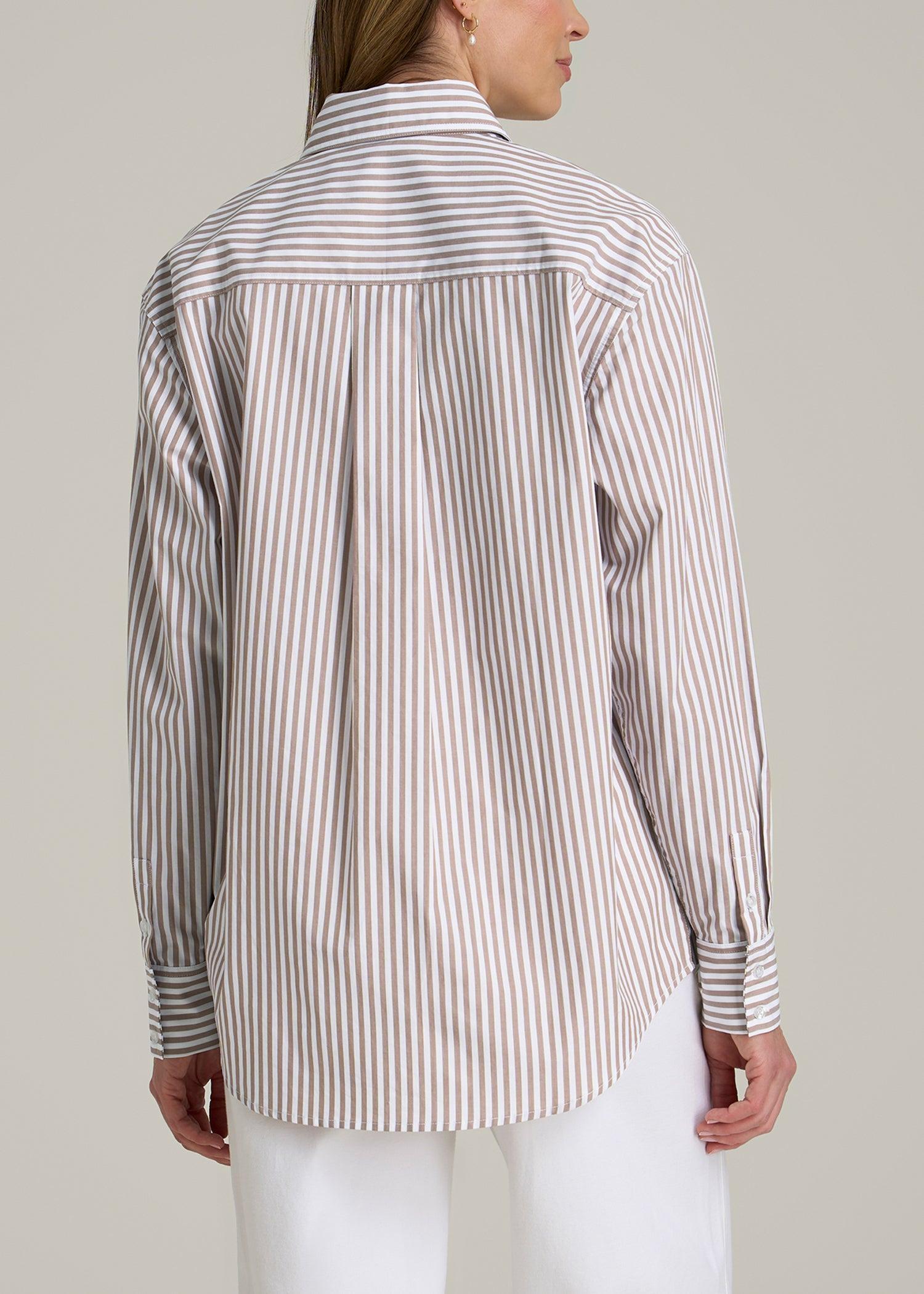 Relaxed Poplin Button-Up Shirt for Tall Women in Brown and White Stripe Product Image