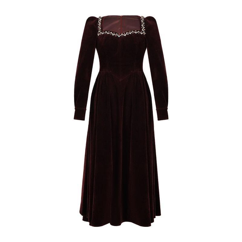 Long-Sleeve Contrast Trim Velvet Midi A-Line Dress Product Image