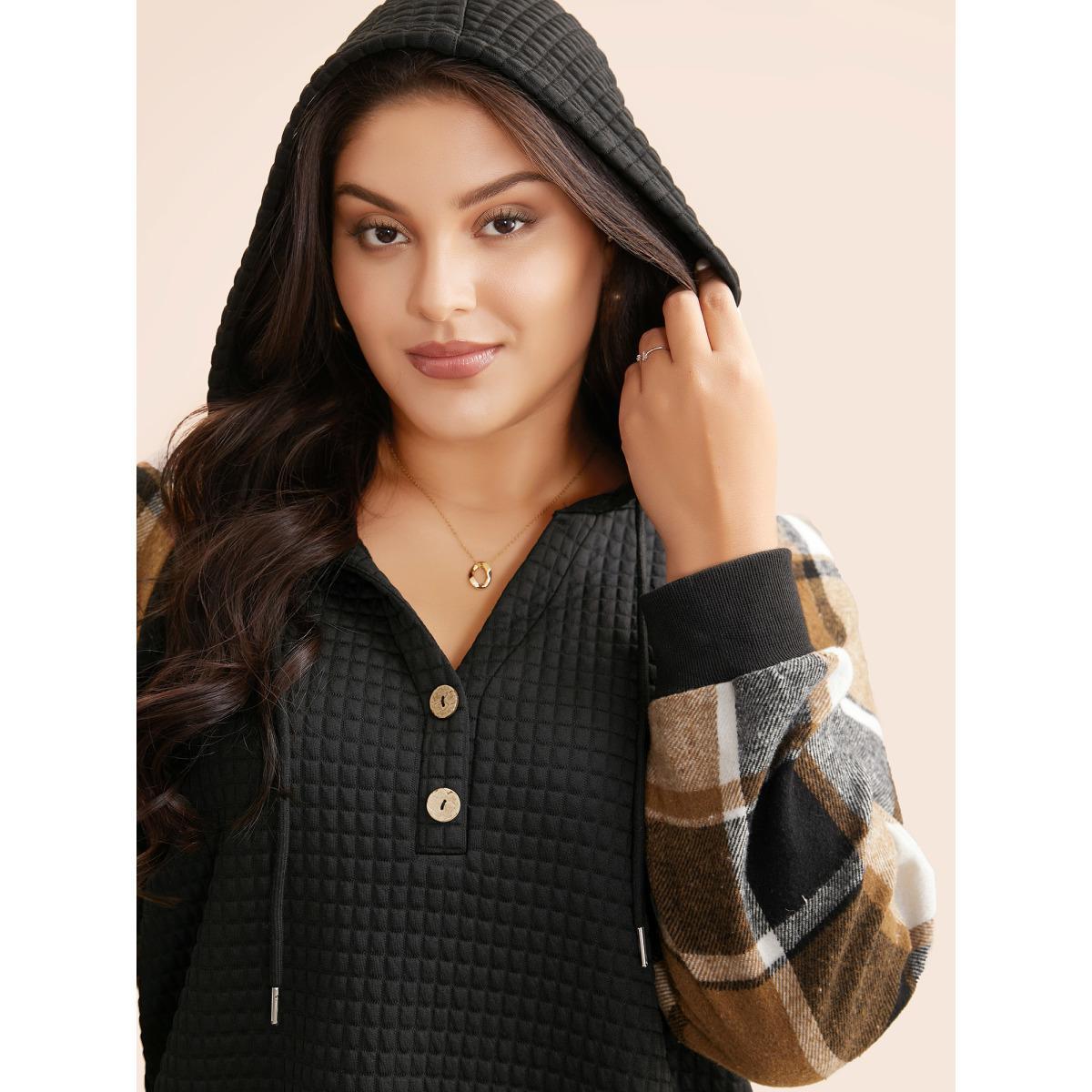Plus Size Plaid Patchwork Hooded Raglan Sleeve Sweatshirt Women Black Casual Texture Hooded Everyday Sweatshirts BloomChic 22-24/3X Product Image