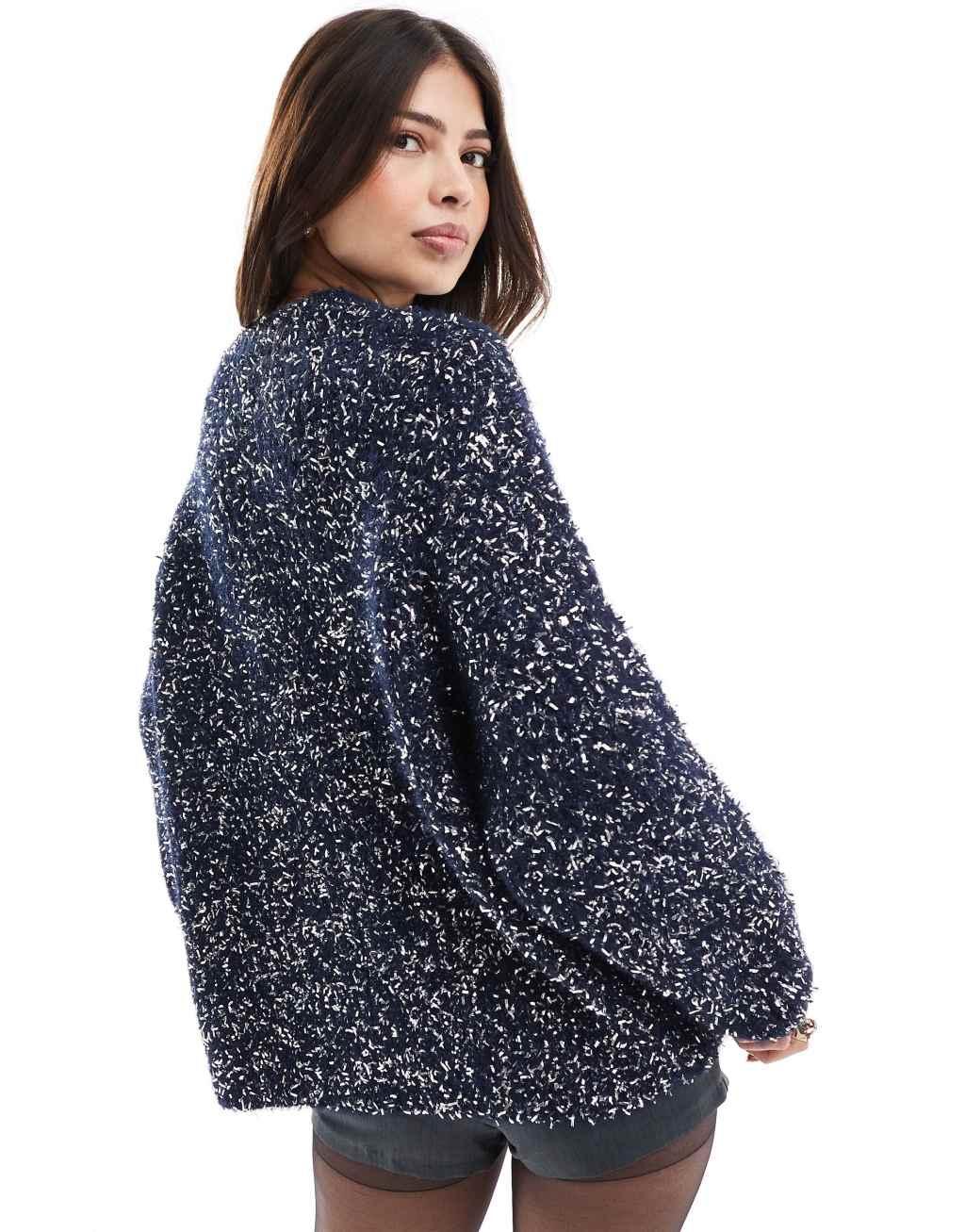 ASOS DESIGN oversized Christmas sweater with tinsel yarn in navy Product Image