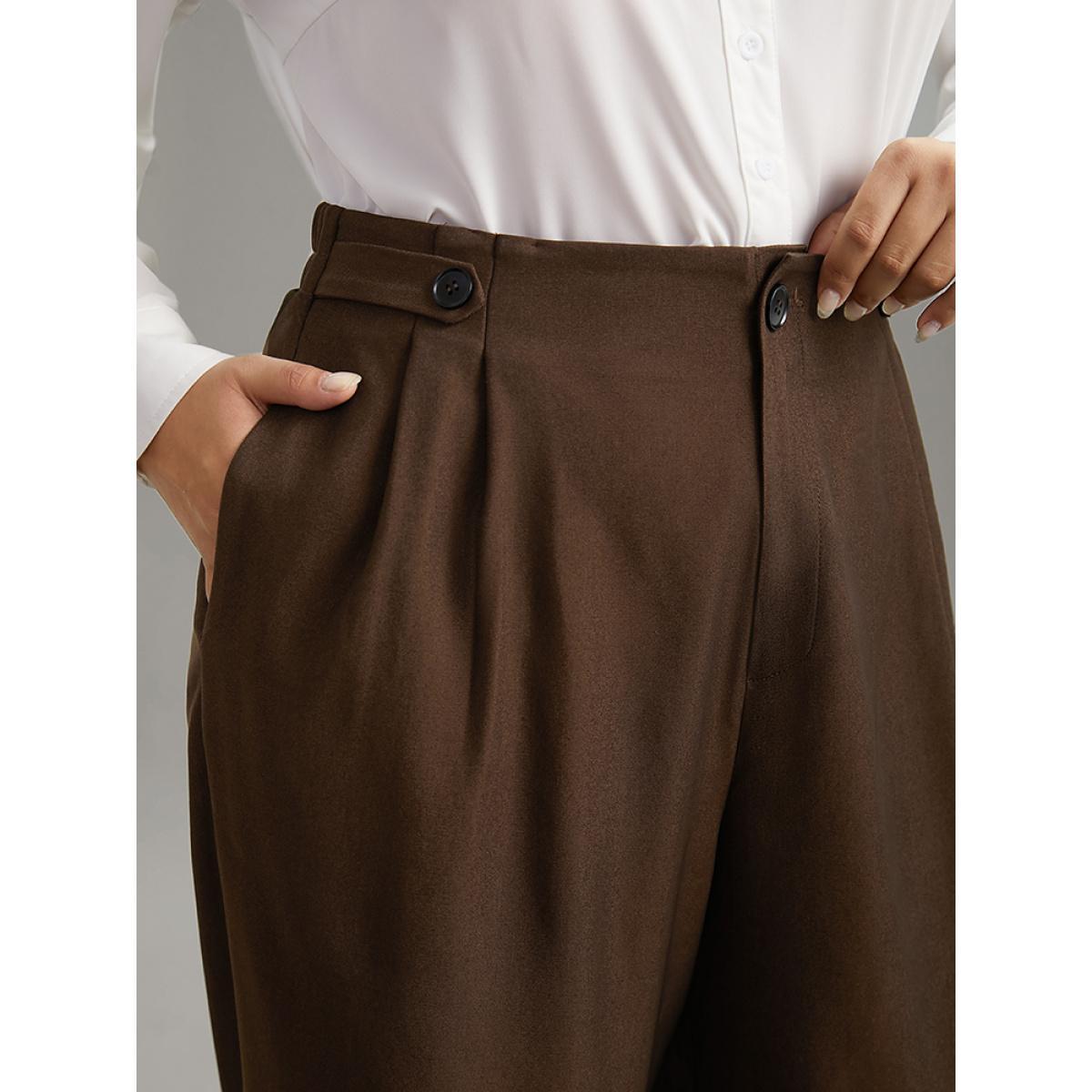 Plus Size Solid Elastic Waist Plicated Detail Straight Leg Pants Women DarkBrown Office Straight Leg High Rise Work Pants BloomChic 12/L Product Image