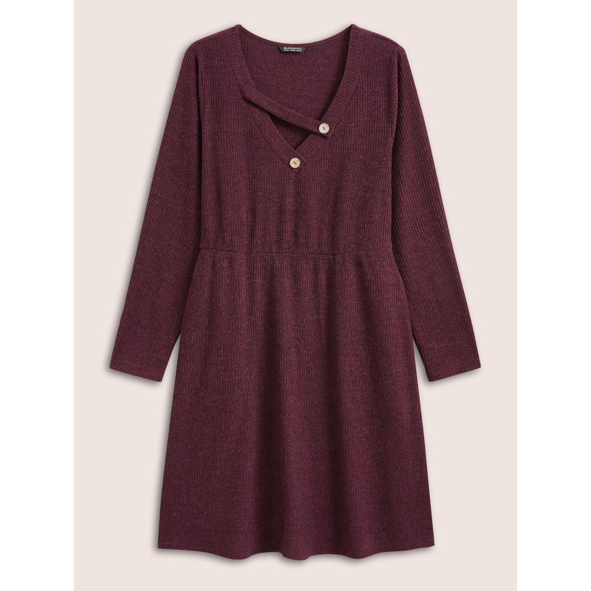 Plus Size Rib Knit Cut Out Button Detail Asymmetrical Neck Dress Maroon Women Casual Rib Knit Asymmetrical Neck Long Sleeve Curvy Knee Dress BloomChic 12/L Product Image