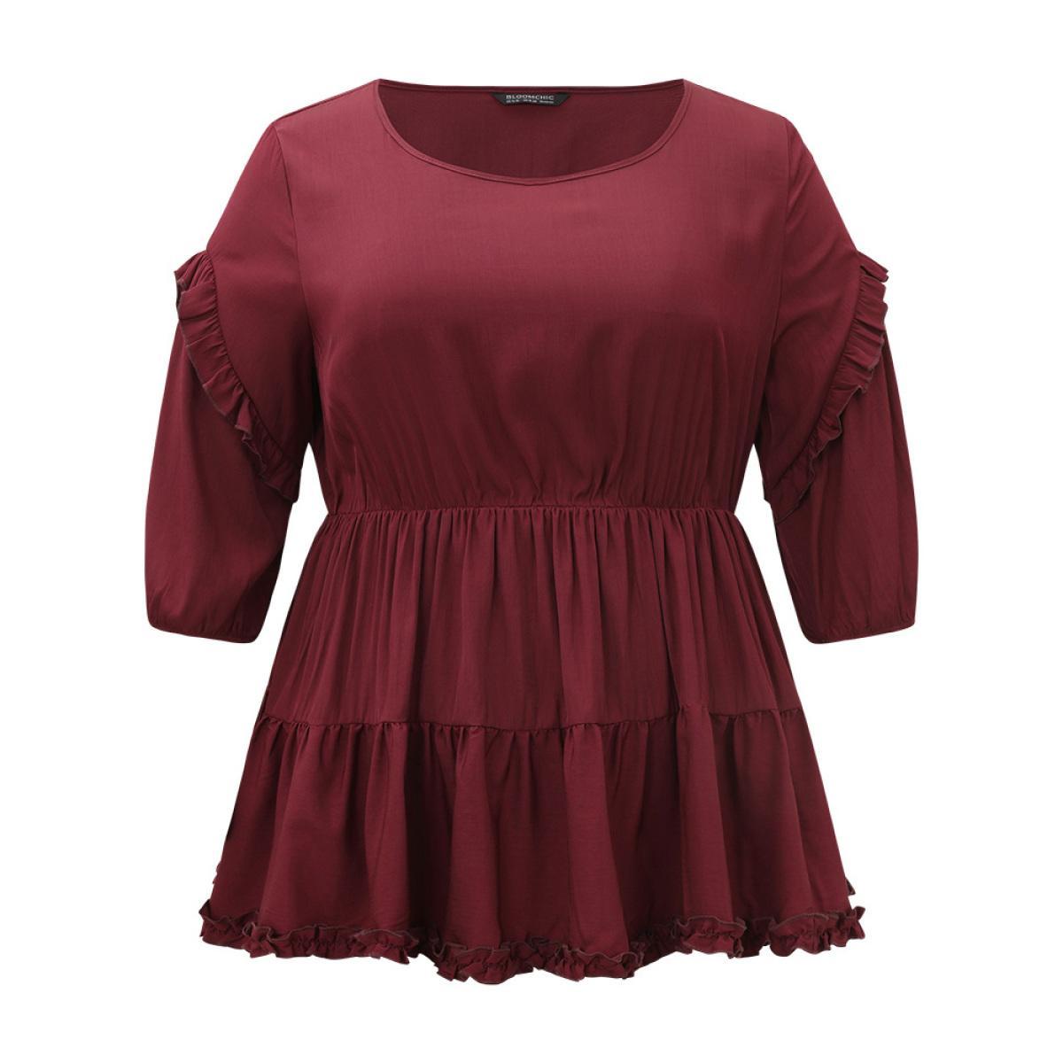 Plus Size Burgundy Plain Frill Trim Layered Hem Lantern Sleeve Blouse Women Elegant Elbow-length sleeve Round Neck Dailywear Blouses BloomChic 26/4X Product Image