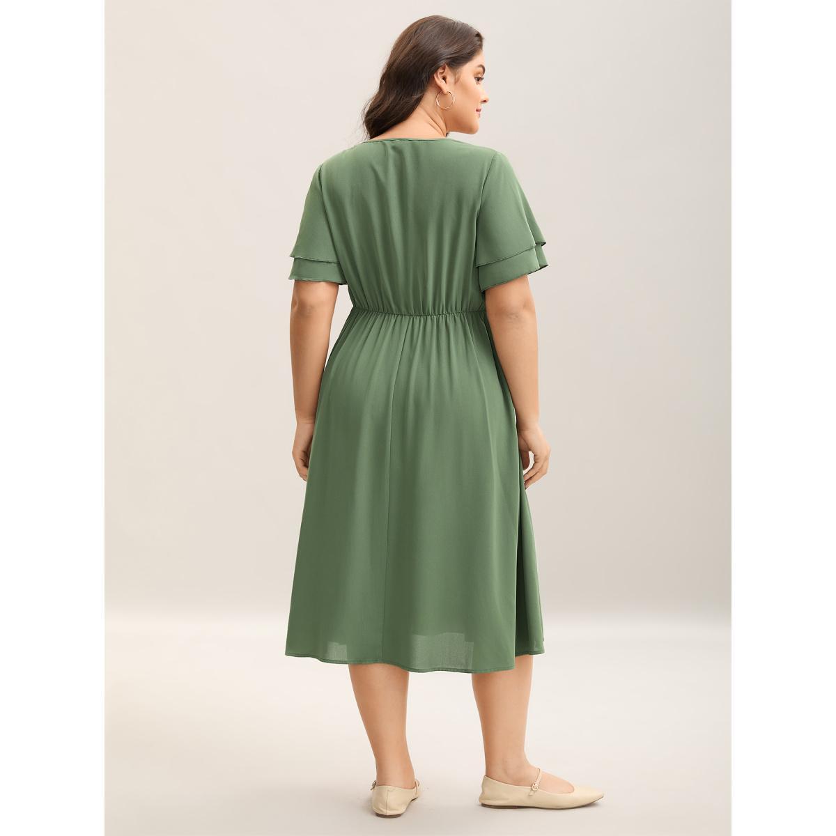 Plus Size Split Neck Tie Layered Sleeve Midi Dress ArmyGreen Women Casual Tie knot V-neck Short sleeve Curvy BloomChic 28/5X Product Image