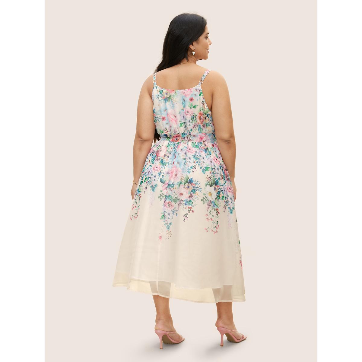 Plus Size Floral Mesh Elastic Waist Belted Cami Dress Champagne Women Elegant Belted U-neck Sleeveless Curvy BloomChic 22-24/3X Product Image