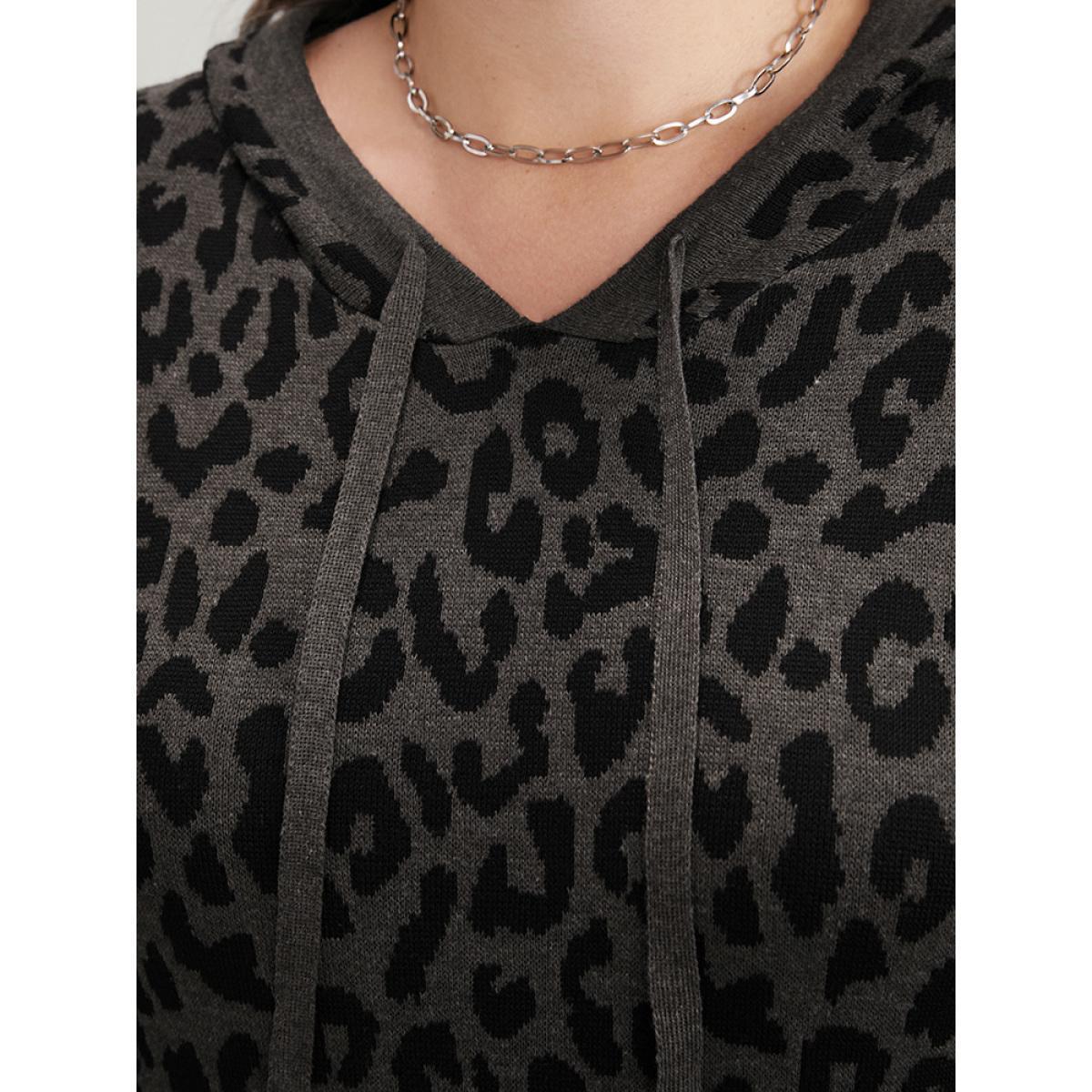 Plus Size Leopard Contrast Pointelle Knit Pocket Drawstring Hooded Knit Top DimGray Women Casual Long Sleeve Hooded Dailywear Pullovers BloomChic 22-24/3X Product Image