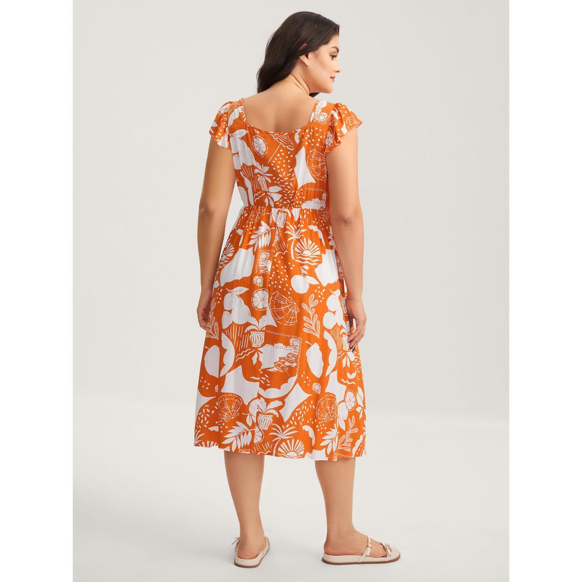 Plus Size Rayon Fruity Floral Neck Tie Midi Dress Coral Women Square Neck Cap Sleeve Curvy BloomChic 22-24/3X Product Image