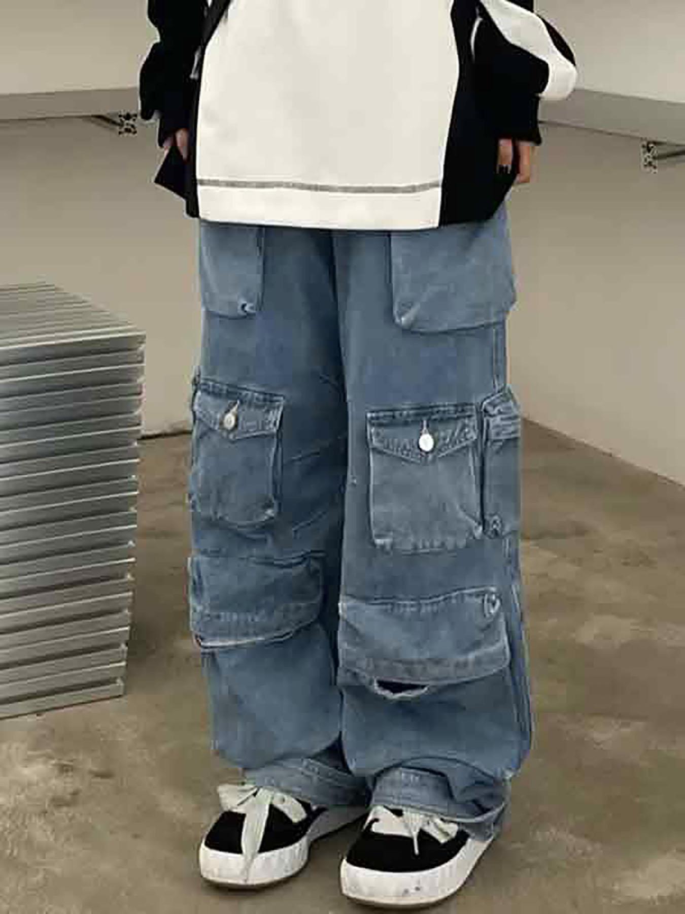 Multiple Pocket Washed Cargo Cargo Jeans Product Image