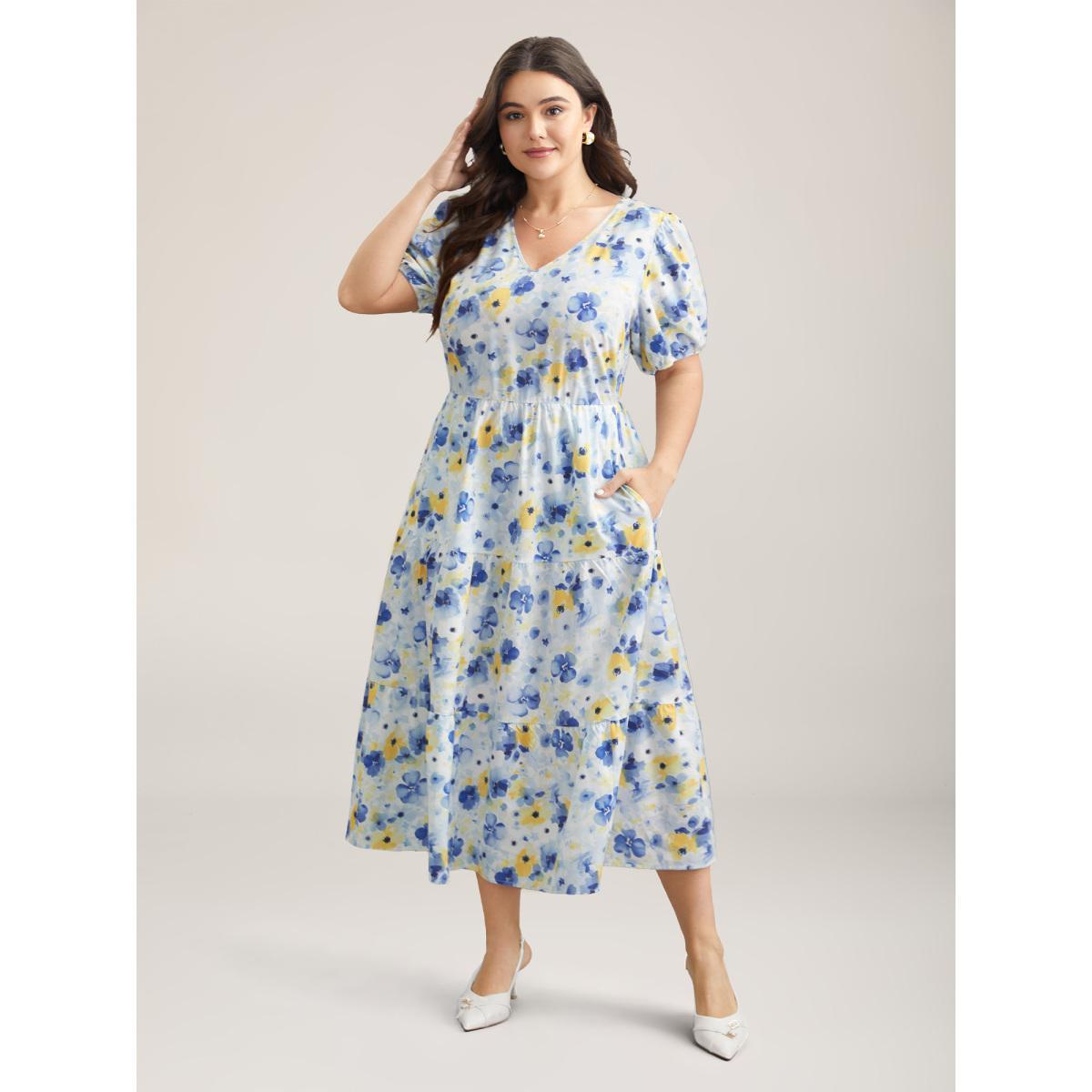 Plus Size Blooming Flowers Puff Sleeve Stretchy-Waist Dress LightBlue Women Elegant Non V-neck Short sleeve Curvy BloomChic 28/5X Product Image