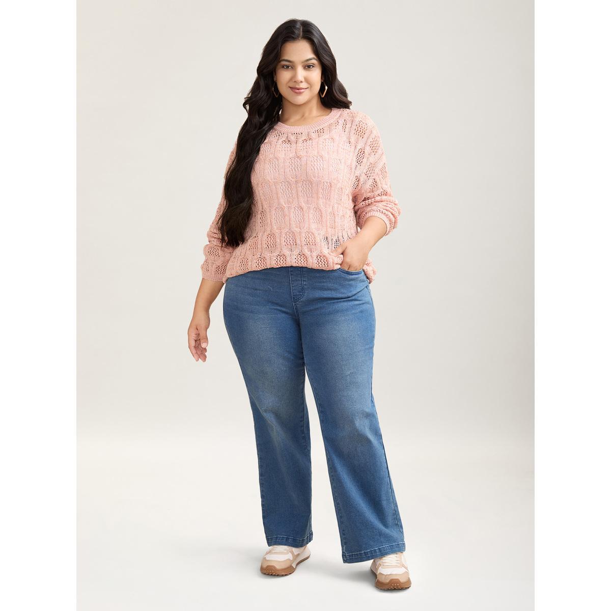 Plus Size Textured Cut-Out Ribbed Hem Pullover Crepe Women Casual Loose Long Sleeve Round Neck Everyday Pullovers BloomChic 26/4X Product Image