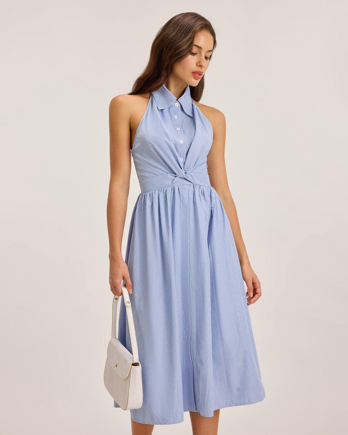 Blue Striped Twist Backless Midi Dress Product Image