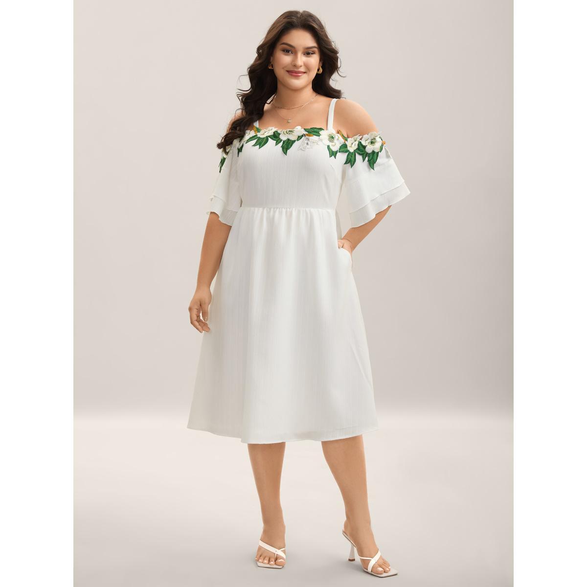 Plus Size Floral Lace Off-Shoulder Adjustable Midi Dress Originalwhite Women Non Sleeveless Curvy BloomChic 14-16/1X Product Image