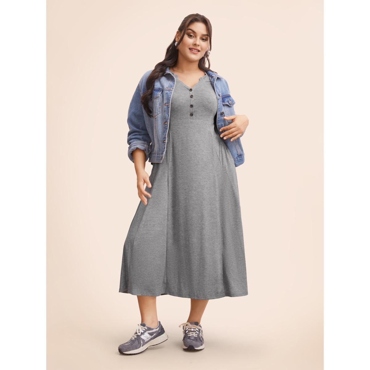 Plus Size Notched Solid Heather Midi Dress Mediumgray Women Casual Button Notched collar Long Sleeve Curvy BloomChic 14-16/1X Product Image