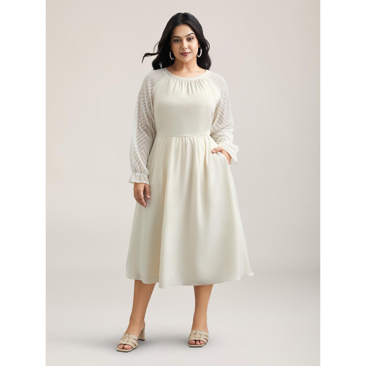 Plus Size Stretchy-Waist Pockets Plain Textured Midi Dress Beige Women Elegant Texture Round Neck Long Sleeve Curvy BloomChic 26/4X Product Image