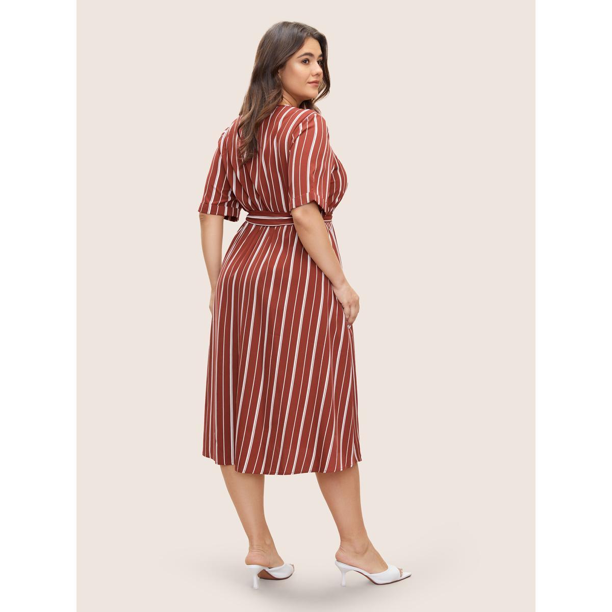 Plus Size Striped Keyhole Pocket Belted Elastic Waist Dress Russet Women At the Office Non Notched collar Half Sleeve Curvy Midi Dress BloomChic 28/5X Product Image