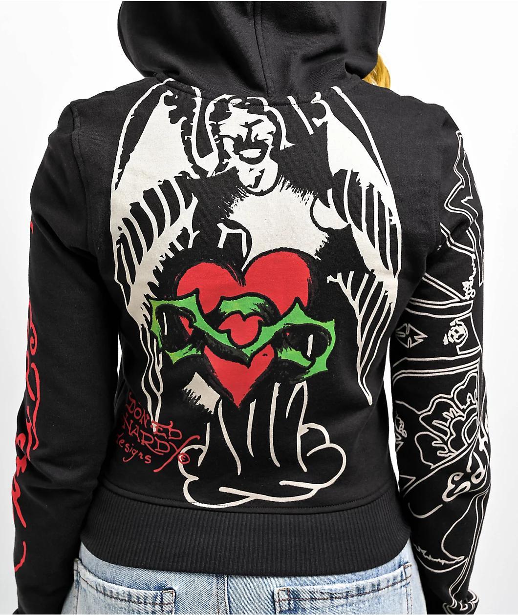 Ed Hardy Sacred Heart Black Crop Zip Hoodie Product Image