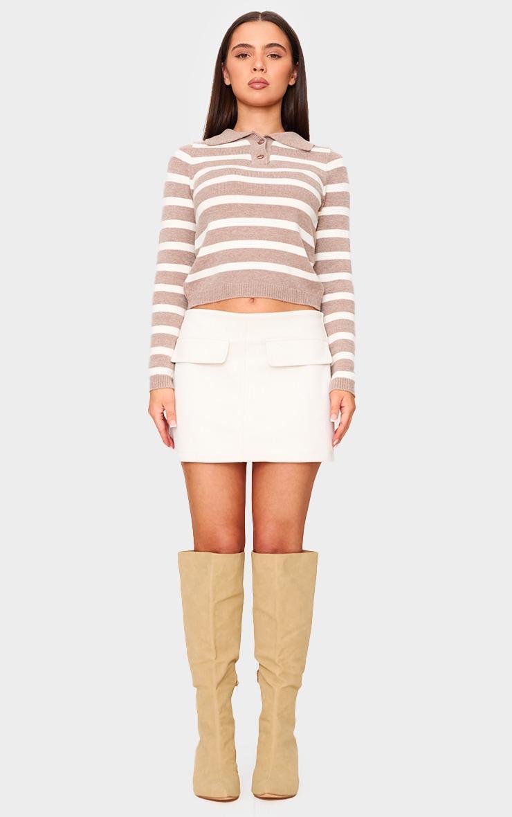Petite Taupe Knitted Stripe Collar Detail Long Sleeve Top Product Image