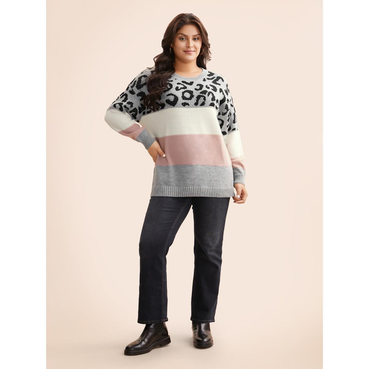 Plus Size Leopard Print Contrast Patchwork Pullover Mediumgray Women Casual Loose Long Sleeve Round Neck Everyday Pullovers BloomChic 30/6X Product Image