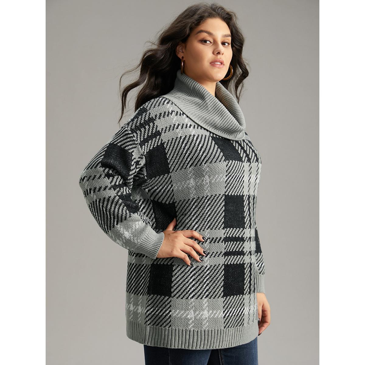 Plus Size Plaid Turtle Neck Drop Shoulder Pullover Multicolor Women Casual Loose Long Sleeve Turtleneck Dailywear Pullovers BloomChic 18-20/2X Product Image