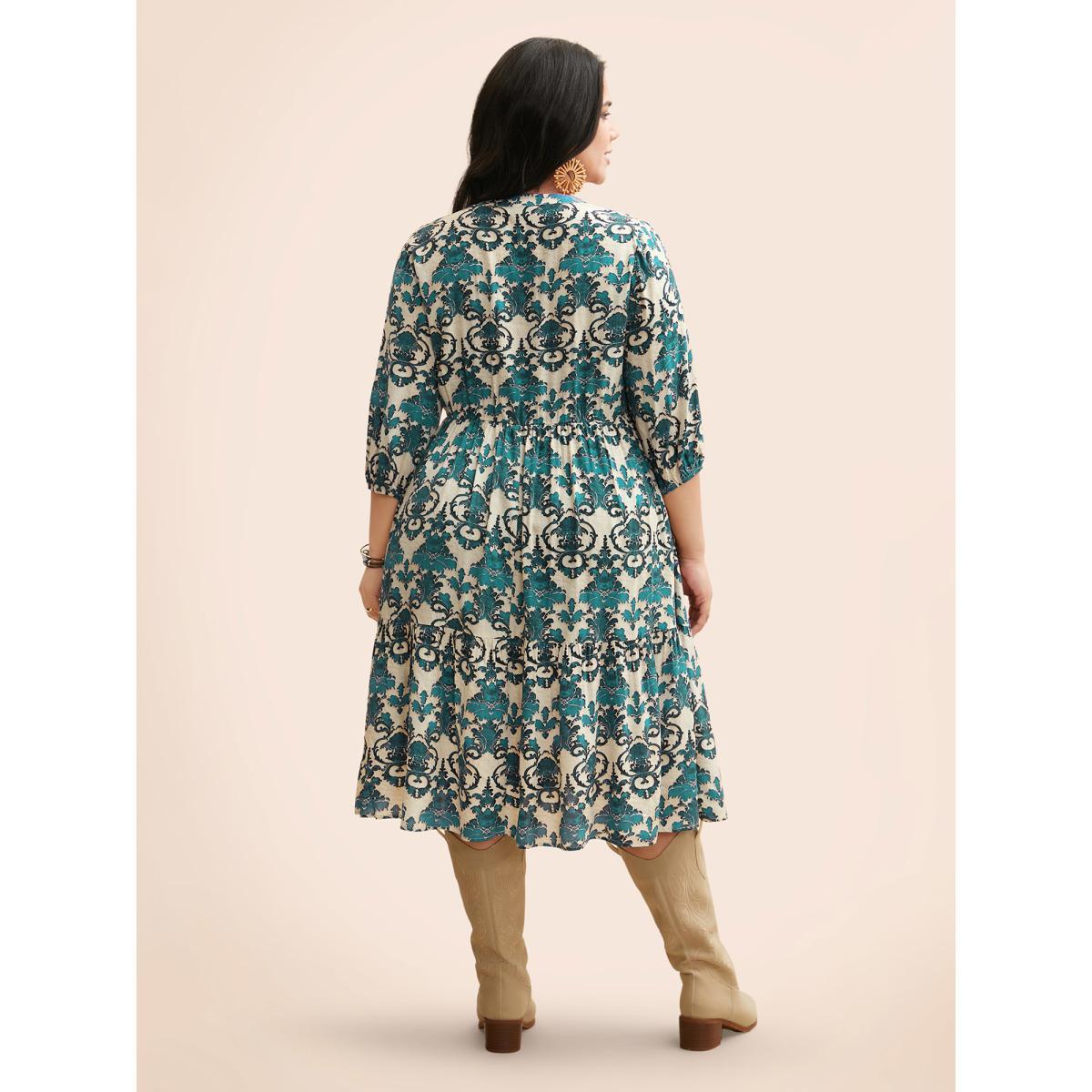 Plus Size Damask Print Tie Knot Puff Sleeve Dress Emerald Women Resort Tie knot V-neck Elbow-length sleeve Curvy BloomChic 28/5X Product Image
