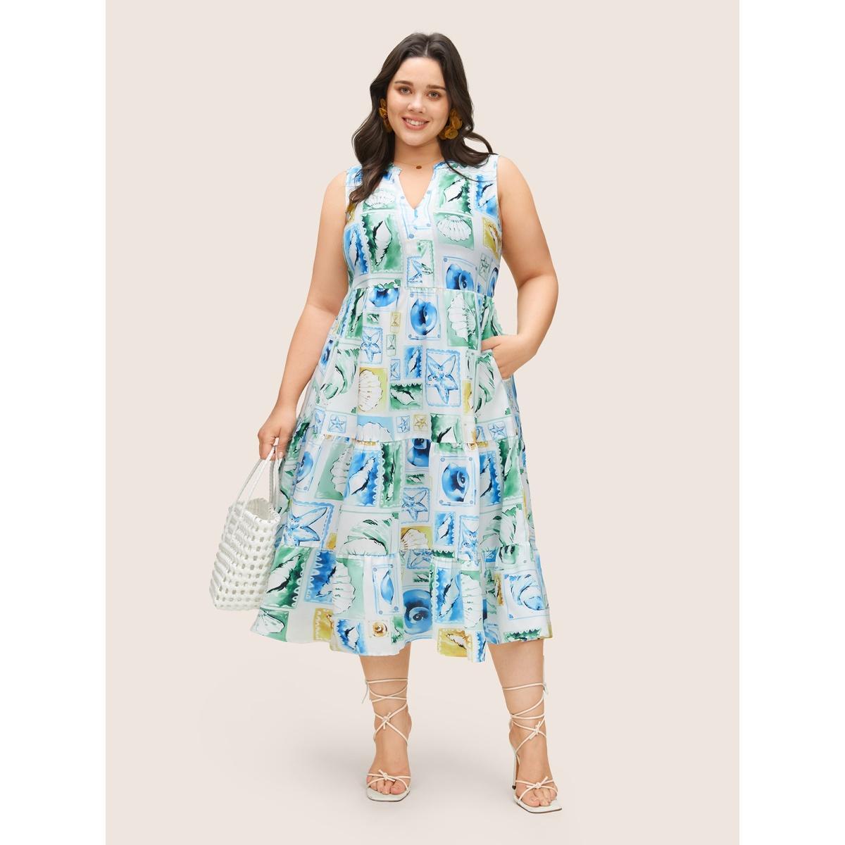 Plus Size Shell Notched Ruffle Layered Hem Tank Dress White Women Resort Non Notched collar Sleeveless Curvy Midi Dress BloomChic 26/4X Product Image