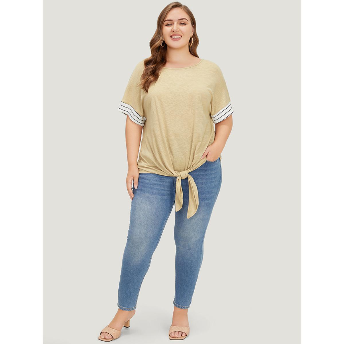 Plus Size Striped Patchwork Knotted Hem Heather T-shirt LightBrown Women Casual Heather Striped Round Neck Dailywear T-shirts BloomChic 30/6X Product Image